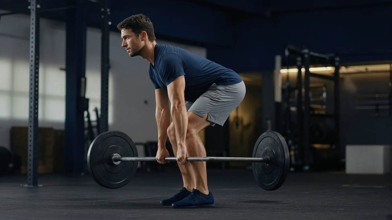 Conventional deadlift setup, flat back