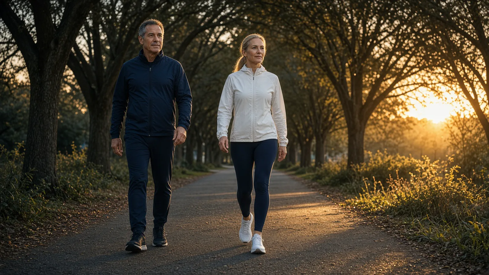 Couple brisk walking at sunrise