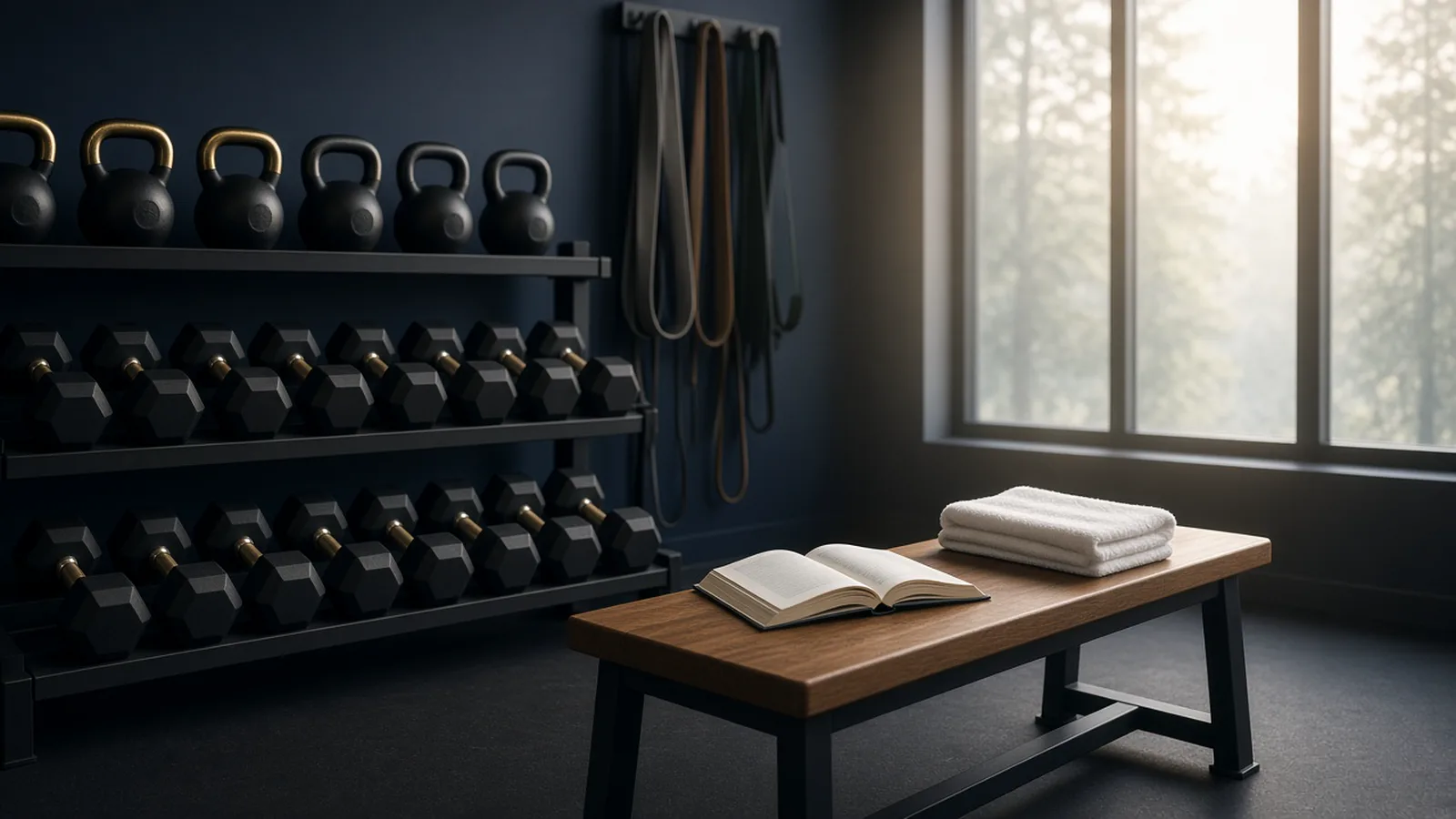 Equipment rack, open book on bench